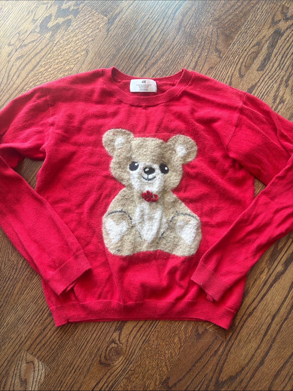 H&M Kids Red Crewneck Sweater with Teddy Bear Motif